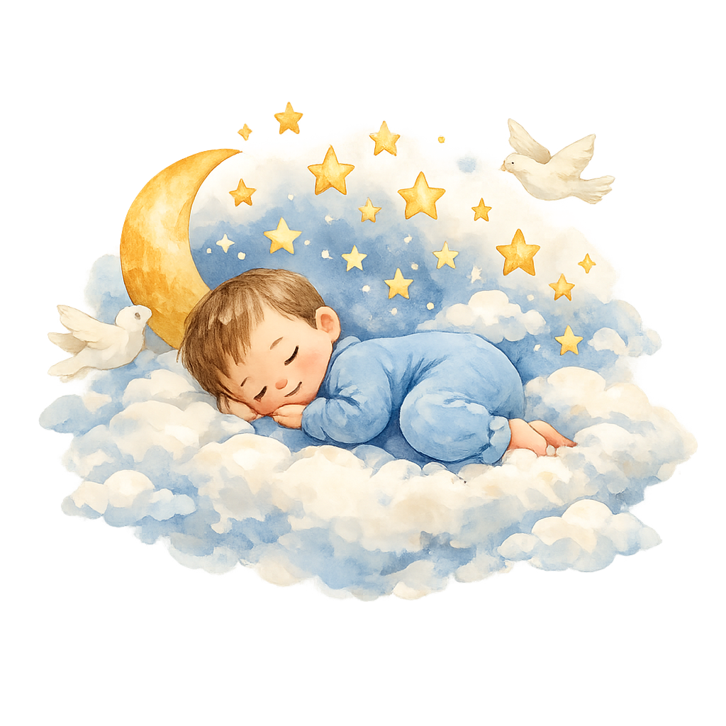 A sleeping baby on a cloud beneath the moon and stars