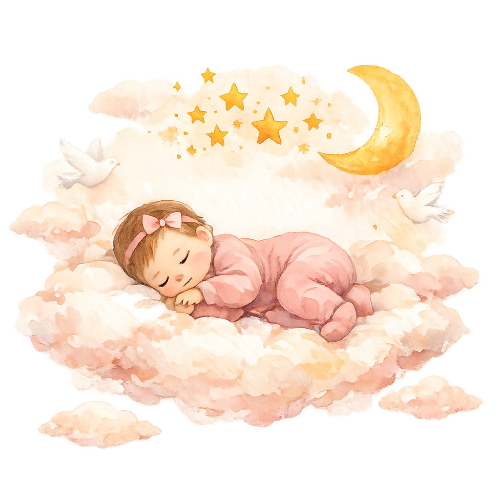A sleeping baby on a cloud beneath the moon and stars